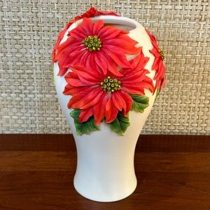 🎄🌟2xHP🌟VTG 2000s Poinsettia Bonded Marble Table Vase Hand-Painted Ibis & Orchid